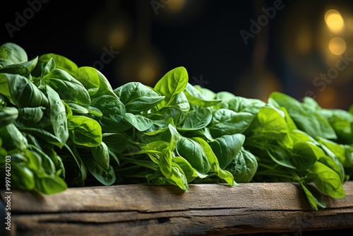 Fresh spinach leaves configured on a thread of threaded concrete with upper view, generative IA photo