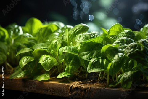 Fresh spinach leaves configured on a thread of threaded concrete with upper view, generative IA photo