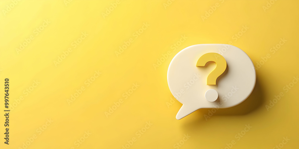 Question mark symbol, speech bubble, chat bubble on pastel yellow background for design projects Question mark symbol, speech bubble, chat bubble on pastel yellow background for design projects