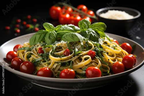 Organic green pasta with spinach, sea salt, fresh red tomatoes, garlic and basil, generative IA