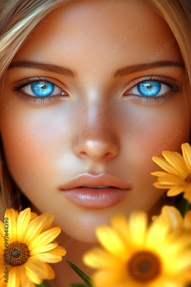 A woman with blue eyes and a tan face is surrounded by yellow flowers. The flowers are in the background and the woman is the main focus of the image. Scene is bright and cheerful, with the blue eyes A woman with blue eyes and a tan face is surrounded by yellow flowers. The flowers are in the background and the woman is the main focus of the image. Scene is bright and cheerful, with the blue eyes