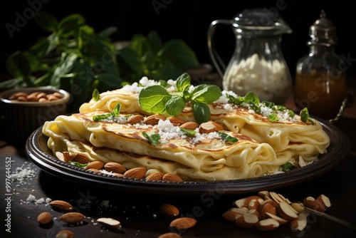 Traditional Italian pancakes with spinach and ricotta crepes on a served table. , generative IA photo