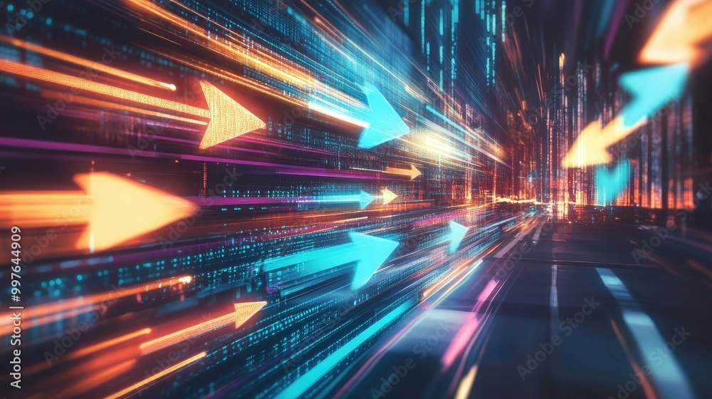 Fototapeta premium A conceptual image of a fast-paced business environment, with flowing arrows and dynamic elements representing agility