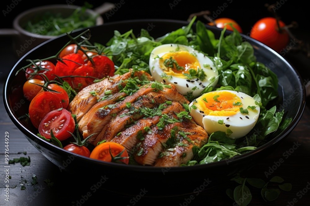 Dish with a dietary food. Cherry tomatoes, chicken breast, eggs, carrots, salad , generative IA Dish with a dietary food. Cherry tomatoes, chicken breast, eggs, carrots, salad , generative IA