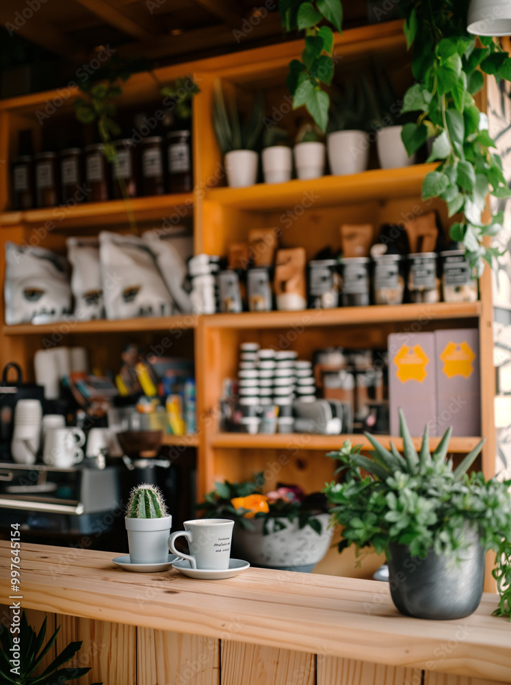 Fototapeta premium trendy indie local cafe, with barstools, bench top interior design, coffee and barista equipment, sophisticated authentic styling, indoor plants, local business, bright and light, minimalism, modern