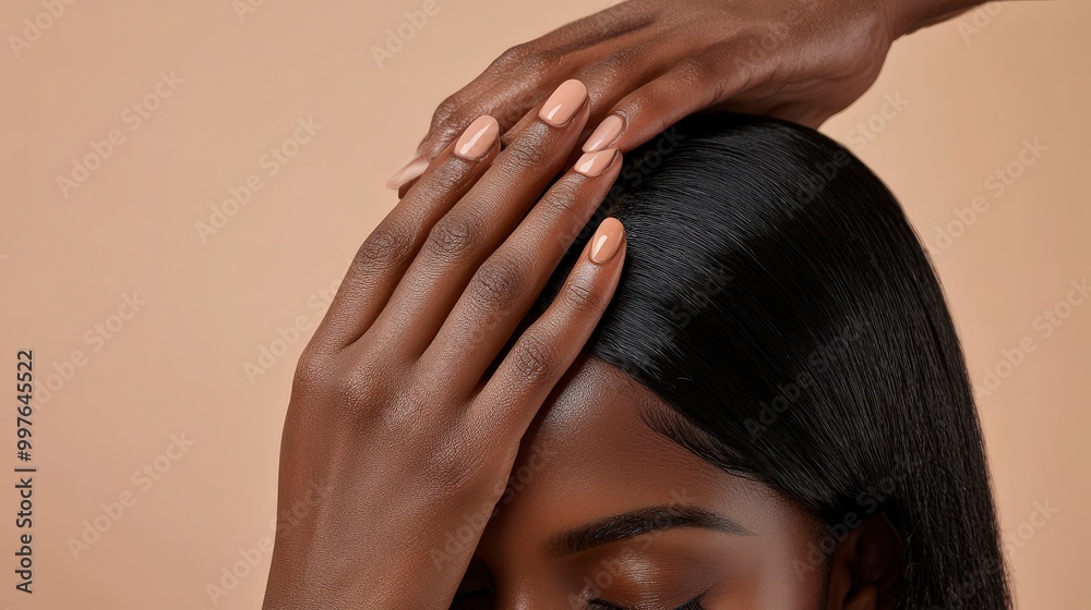Naklejka premium Close-up of hands on woman's head with smooth hair and nails