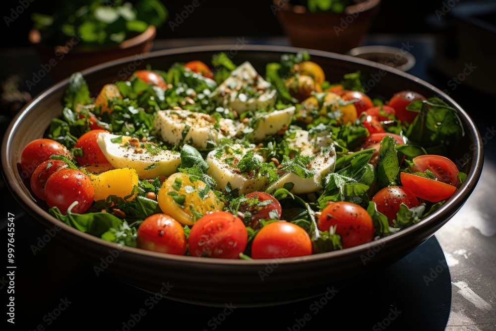 Dietary salad with tomatoes, feta cheese, lettuce, spinach and pine nuts., generative IA Dietary salad with tomatoes, feta cheese, lettuce, spinach and pine nuts., generative IA