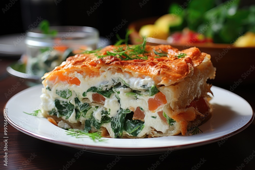 Salmon Pie, Spinach and Soft Cheese in White Wood, generative IA Salmon Pie, Spinach and Soft Cheese in White Wood, generative IA