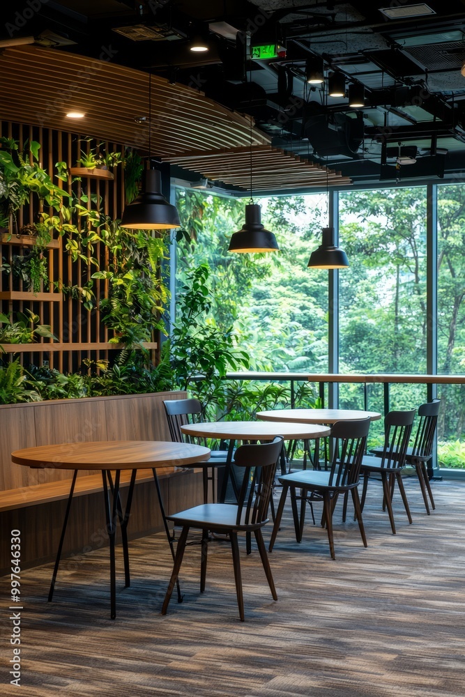 Fototapeta premium A sustainable office design featuring recycled materials, energy-efficient lighting, and biophilic elements, Generative AI 