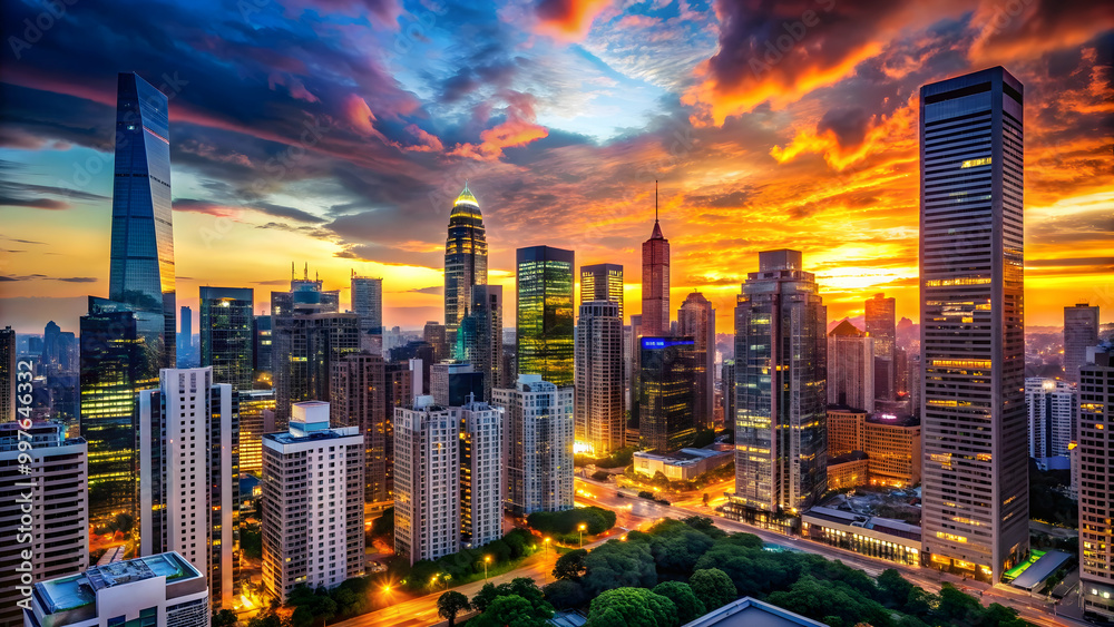Fototapeta premium Sunset skyline view of modern cityscape with illuminated buildings and vibrant colors, sunset, skyline, modern