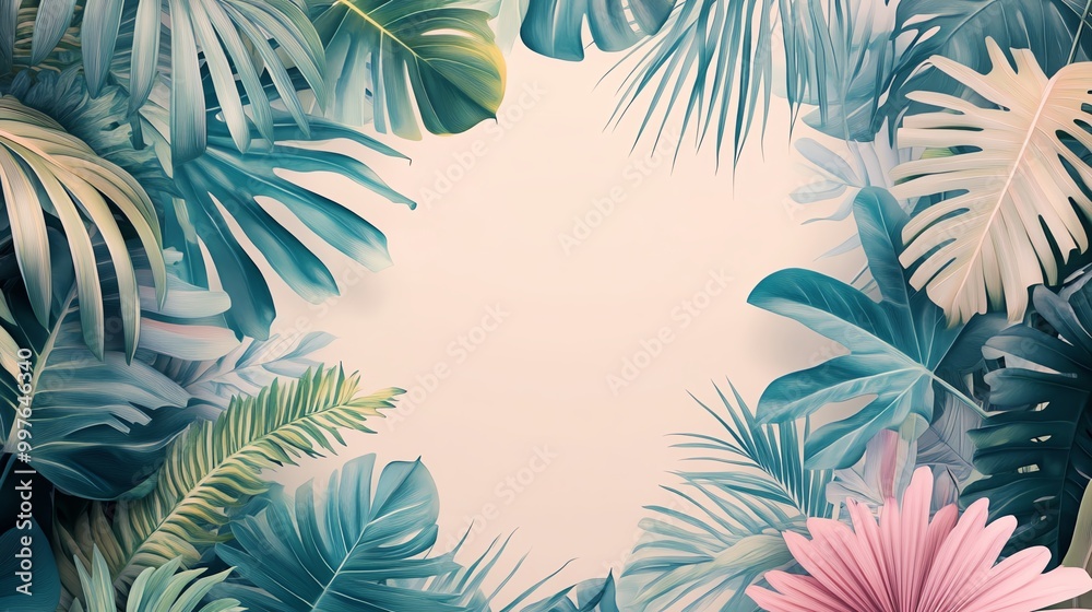Tropical leaves frame a pink flower and a soft pink background. Tropical leaves frame a pink flower and a soft pink background.