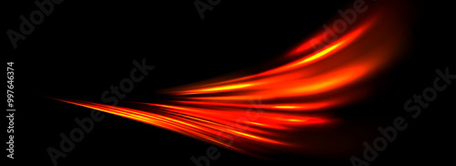 Glowing neon light trail element. Bright red orange speed line wave. Hot luminous curved swirl concept. Abstract bent dynamic motion stripes. Shiny fiery streaks for poster, banner, flyer. Vector