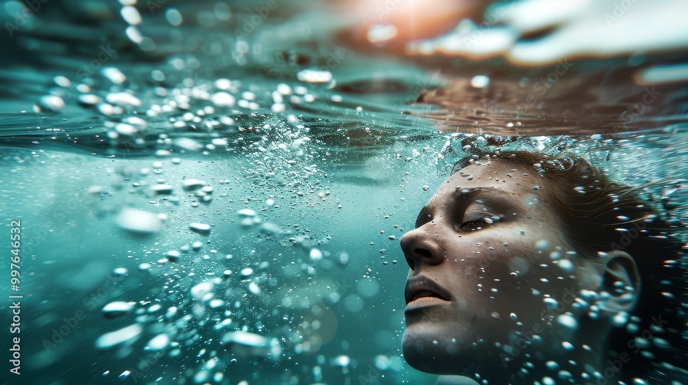 Fototapeta premium Person underwater with eyes closed, holding breath, surrounded by rising bubbles. Crystal clear water, focused on subject.