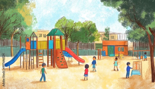 Wallpaper Mural Children playing in the illustration playground. Illustration using crayon texture style. Perfect for children's books, cover, websites, and more. Torontodigital.ca