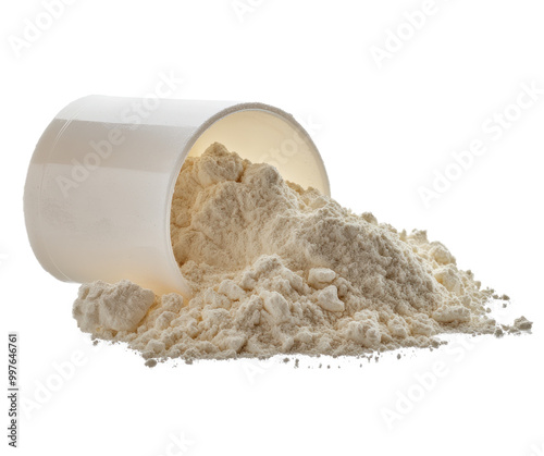 Whey protein powder in a measuring spoon isolated on white background.