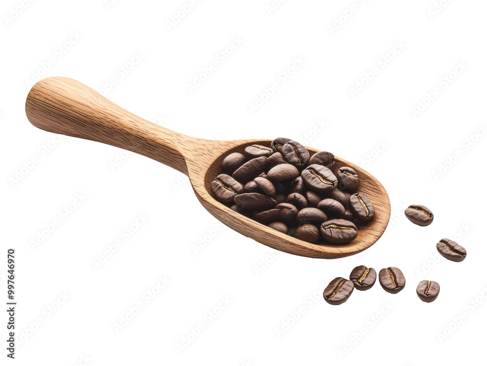 Fototapeta premium Coffee beans on wooden scoop isolated on white background