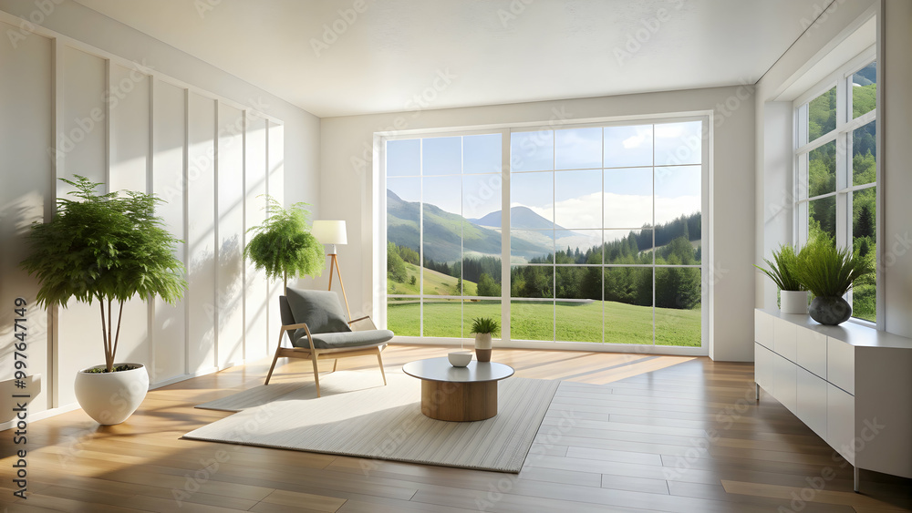 Fototapeta premium White minimalist room with a view of summer landscape, Scandinavian design, empty room, white, summer landscape, window