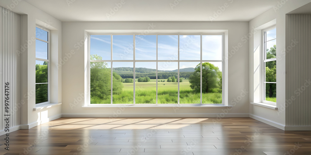 White empty room with summer landscape in window, featuring Scandinavian interior design White empty room with summer landscape in window, featuring Scandinavian interior design