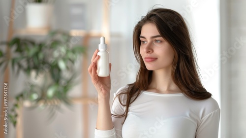 Woman holding small bottle of weight-loss pills, looking determined and focused in a minimalist, well-lit room with copy space for text. photo