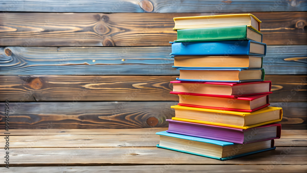 Stack of colorful books on a wooden surface, education, reading, learning, literature, school, knowledge, library Stack of colorful books on a wooden surface, education, reading, learning, literature, school, knowledge, library