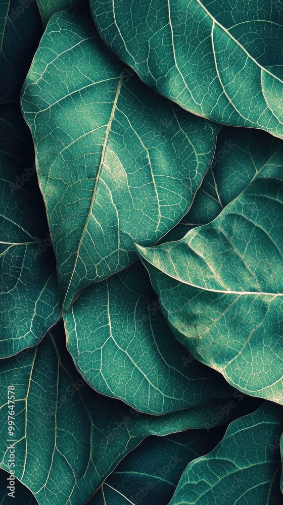 Obraz premium A close-up view of lush green leaves showcasing intricate patterns and textures, perfect for nature and botanical projects.