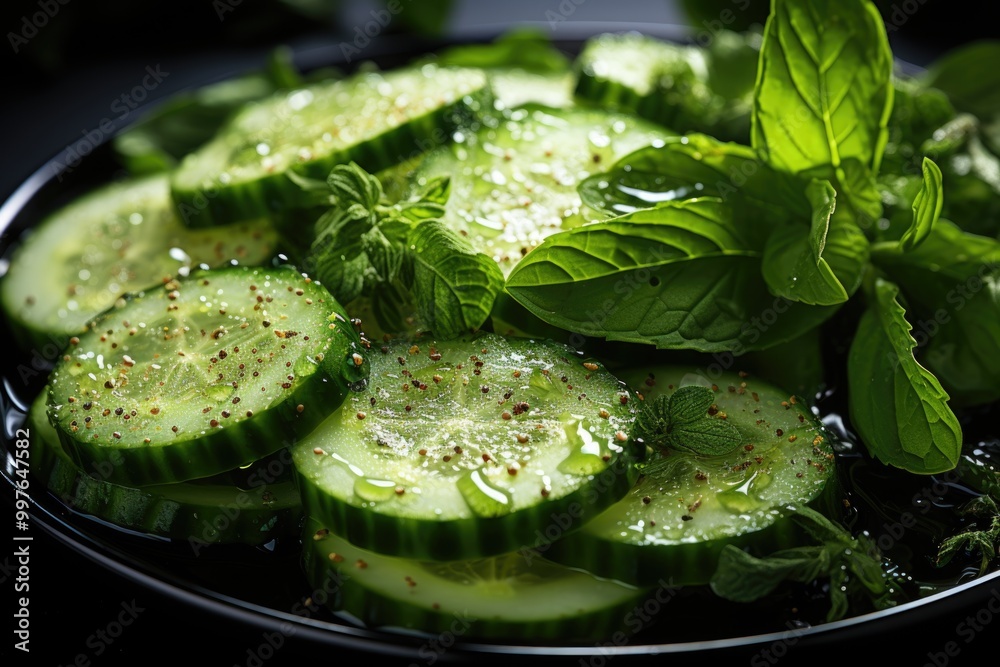 Upper view of cucumber and spinach slices, generative IA Upper view of cucumber and spinach slices, generative IA