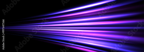 Neon glowing streak background. Blue purple speed light effect. Magic trail flare lines texture. Luminous laser beams and rays wallpaper design. Futuristic neon stripes backdrop. Vector