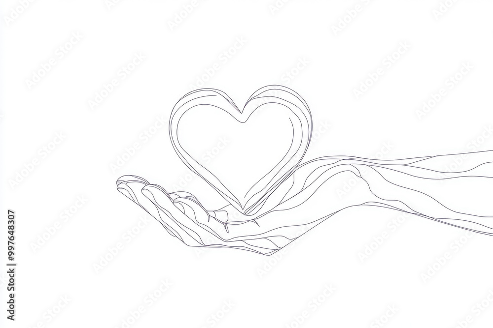 Heart held in hand, continuous line art, symbolizing love and connection, minimalist design on white background, elegant and expressive illustration Heart held in hand, continuous line art, symbolizing love and connection, minimalist design on white background, elegant and expressive illustration