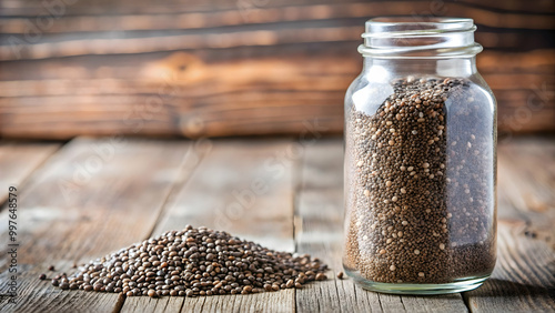 Closeup of a bottle of chia seeds , superfood, healthy, nutrition, organic, chia seed, health food photo