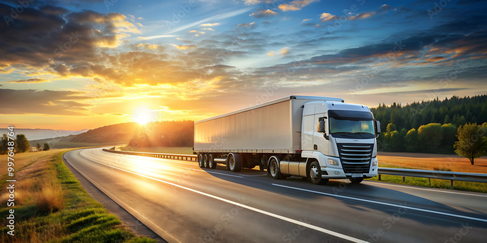 Truck driving on highway at sunrise, transportation, logistics, delivery, sunrise, highway, road, vehicle, journey Truck driving on highway at sunrise, transportation, logistics, delivery, sunrise, highway, road, vehicle, journey
