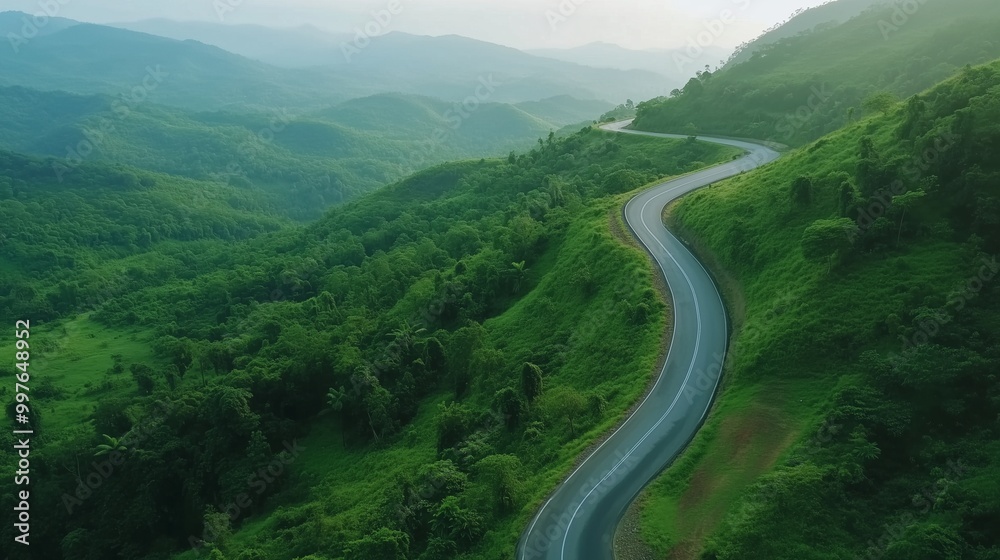 Fototapeta premium Asphalt road way in green forest mountain valley aerial view