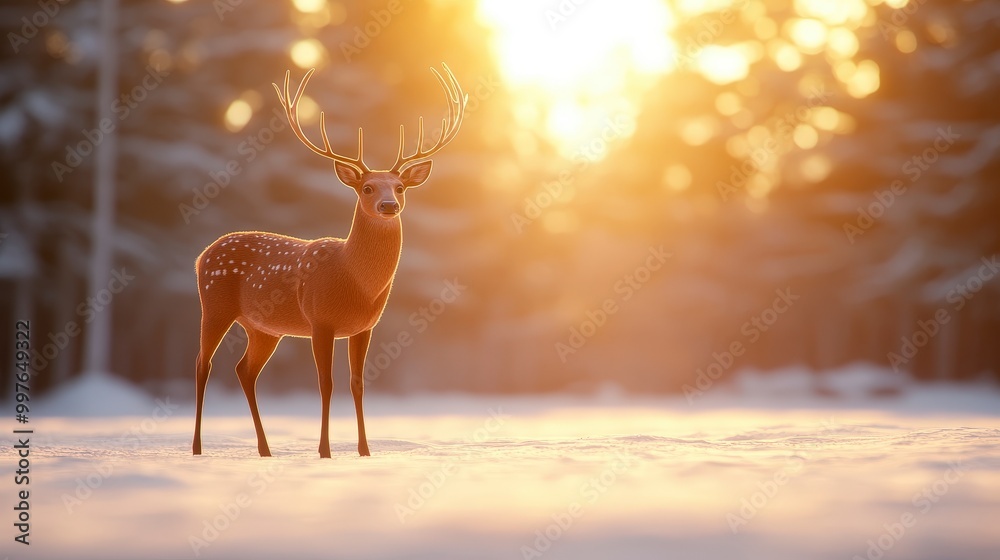 Majestic deer standing in a snowy forest at sunrise Majestic deer standing in a snowy forest at sunrise
