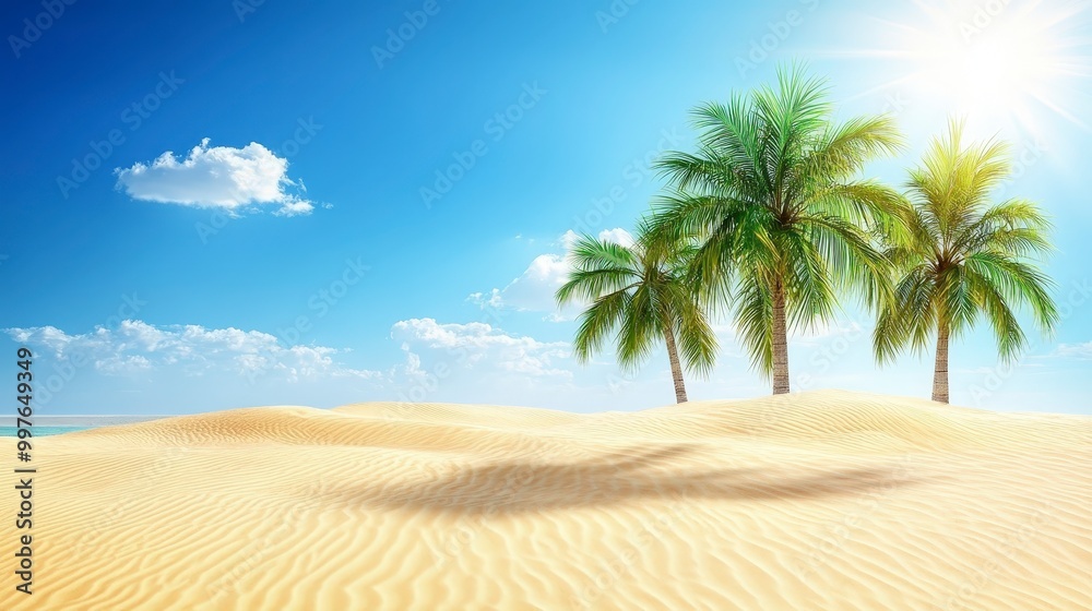 Serene tropical beach scene with palm trees under a bright blue sky Serene tropical beach scene with palm trees under a bright blue sky