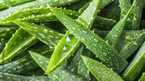 Fresh green aloe vera leaves covered with water droplets
