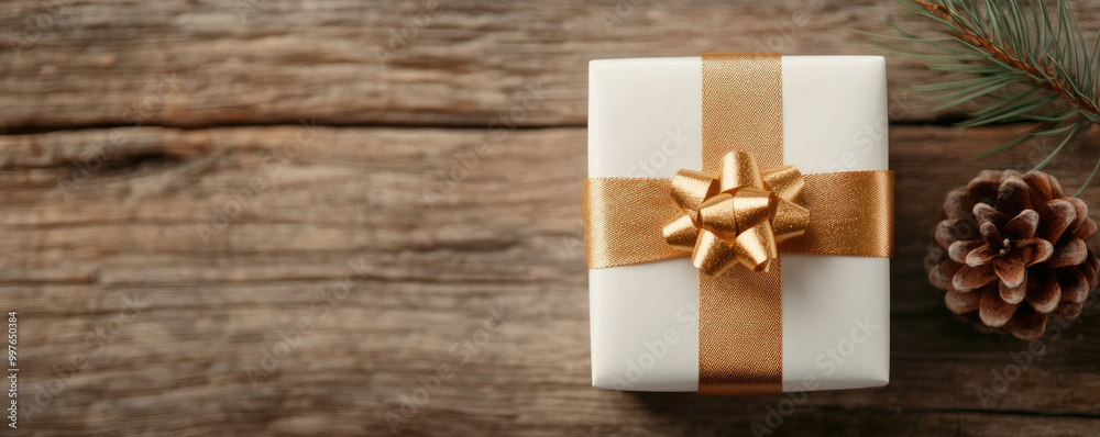 Elegant Christmas gift box adorned with a luxurious gold ribbon, resting on a rustic wooden table, perfect for festive presentations. Elegant Christmas gift box adorned with a luxurious gold ribbon, resting on a rustic wooden table, perfect for festive presentations.