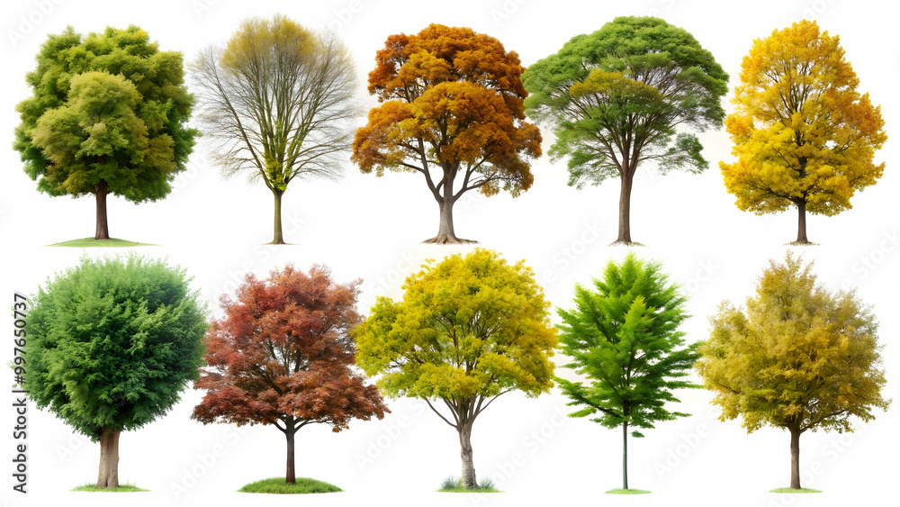 Fototapeta premium Collection of highly detailed cutout trees for summer and autumn scenes in rendering, summer, autumn, trees