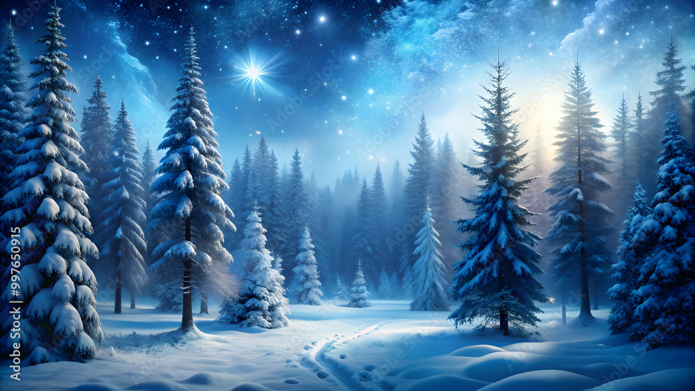 Fototapeta premium Magical winter forest with deep blue hues and snowy trees, Winter, Wald, forest, snow, trees, cold, nature, mystical, enchanting
