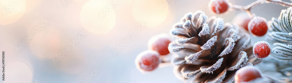 Frosted Pinecones and Berries, a winter scene showcasing the delicate beauty of nature's decorations, glistening frost on textured surfaces. Frosted Pinecones and Berries, a winter scene showcasing the delicate beauty of nature's decorations, glistening frost on textured surfaces.