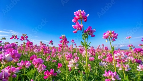 Crownvetch blossoms burst with color under a bright blue sky, creating a striking display in a serene natural