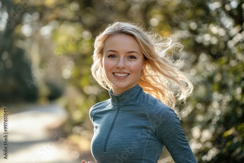 Pretty young blond smiling woman doing sport exercises jogging in morning park.