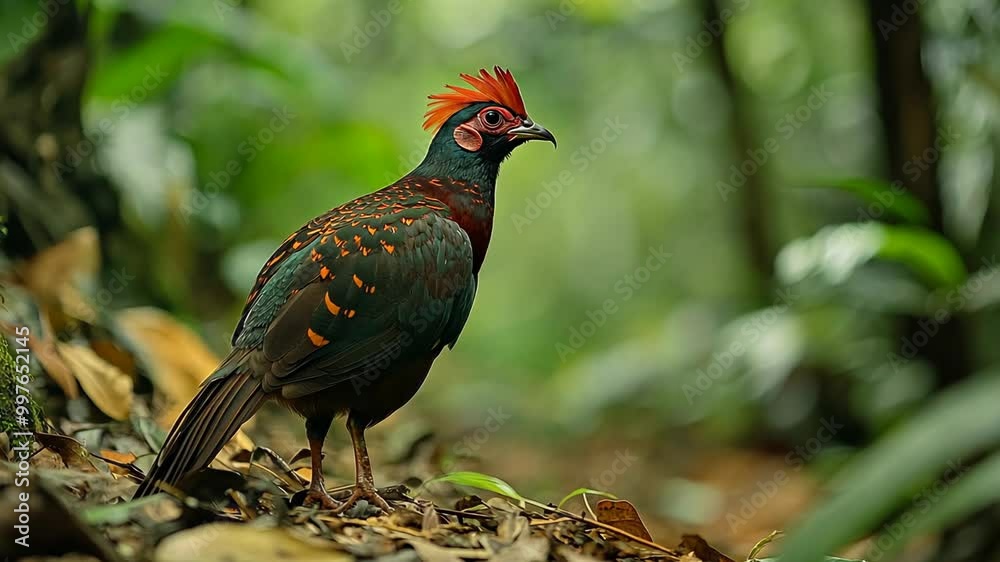 A red-crested partridge stands on the forest floor in a lush green jungle A red-crested partridge stands on the forest floor in a lush green jungle