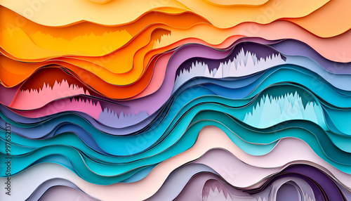 Layers of paper-cut designs forming a 3D effect, creating shapes like landscapes, animals, or abstract patterns in a vibrant color palette