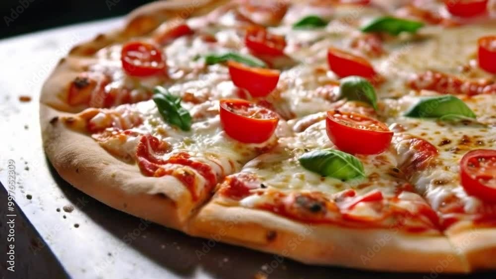 A delicious pizza topped with tomatoes and basil, showcasing a tempting food presentation. A delicious pizza topped with tomatoes and basil, showcasing a tempting food presentation.