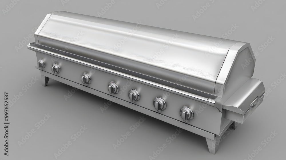 Large stainless steel outdoor barbecue grill with multiple control knobs Large stainless steel outdoor barbecue grill with multiple control knobs