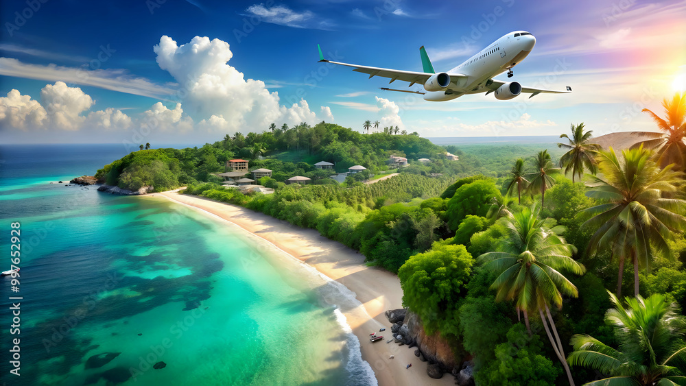 Naklejka premium Airplane gracefully descending towards a tropical resort with a beautiful sea beach and lush jungle below, airplane, landing