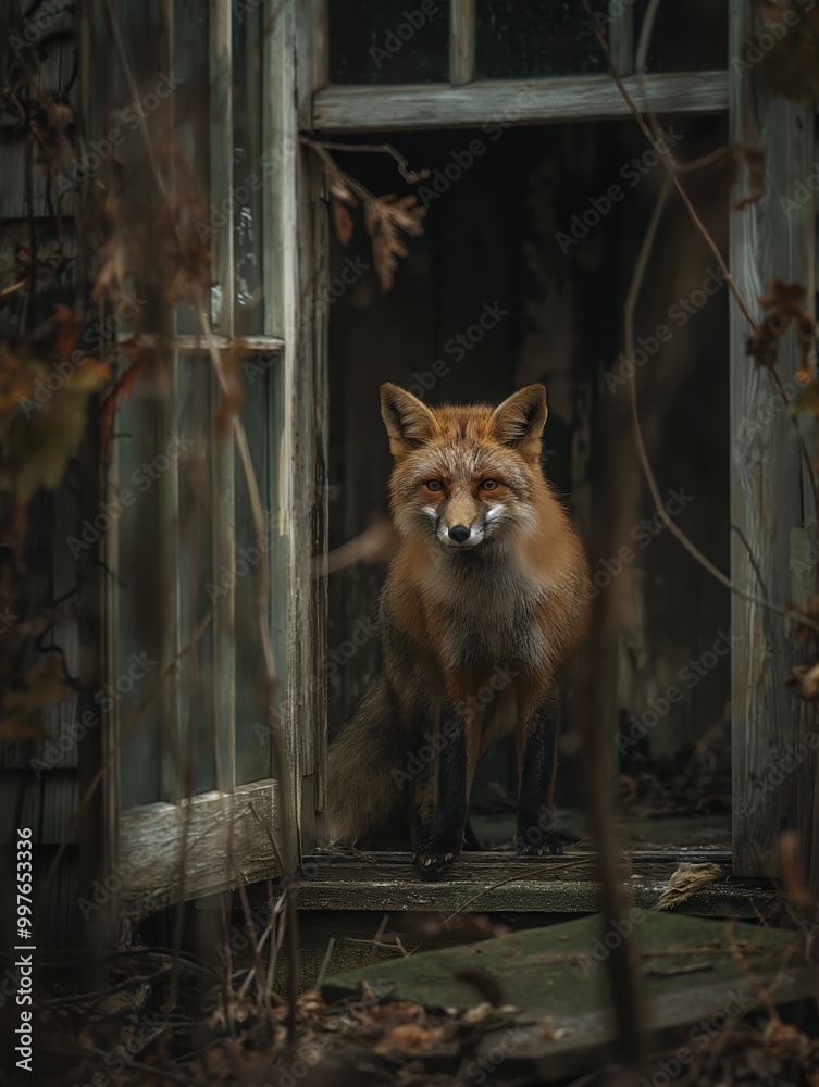 Fototapeta premium Red Fox Standing in Abandoned House Doorway Haunting Halloween Scene with Overgrown Vines and Decaying Wood Capturing the Eerie Silence and Mystery of Nature in a Forgotten Place