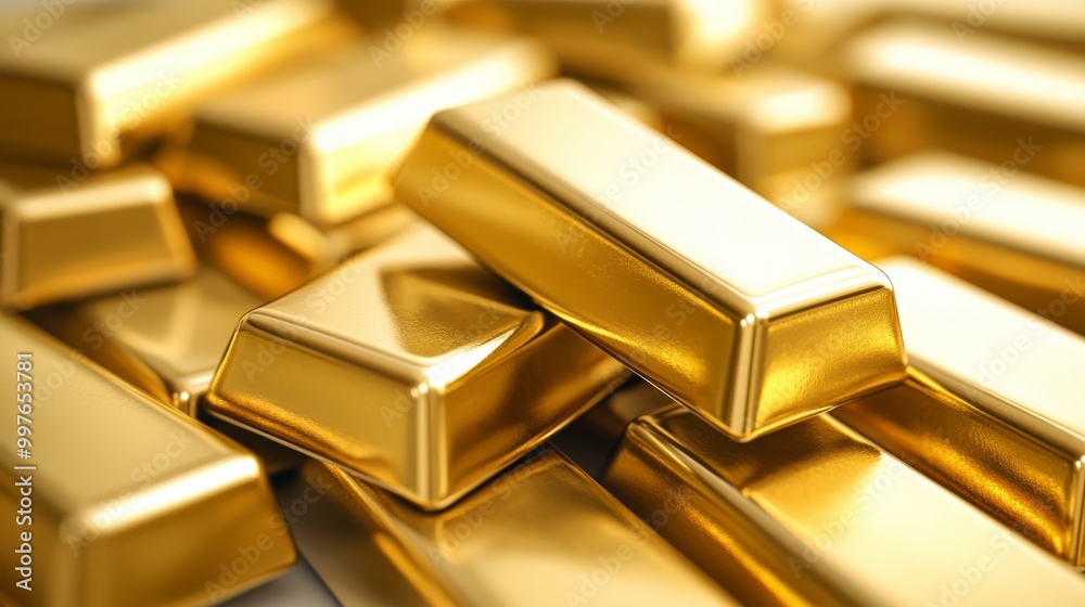 Stack of shiny gold bars in a pile
