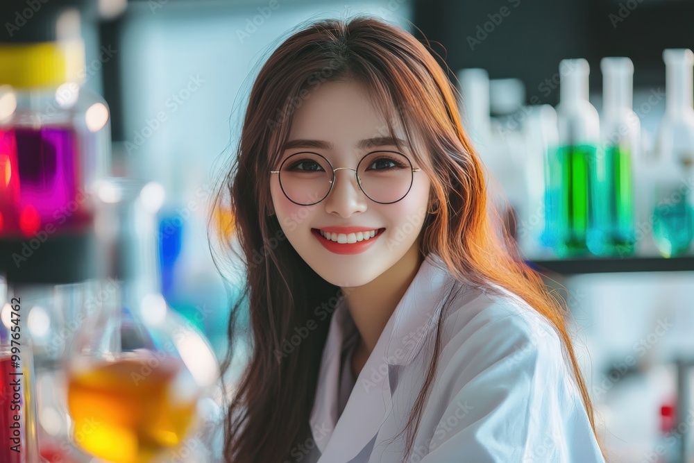 Science and happy woman portrait in lab to research chemistry Science and happy woman portrait in lab to research chemistry