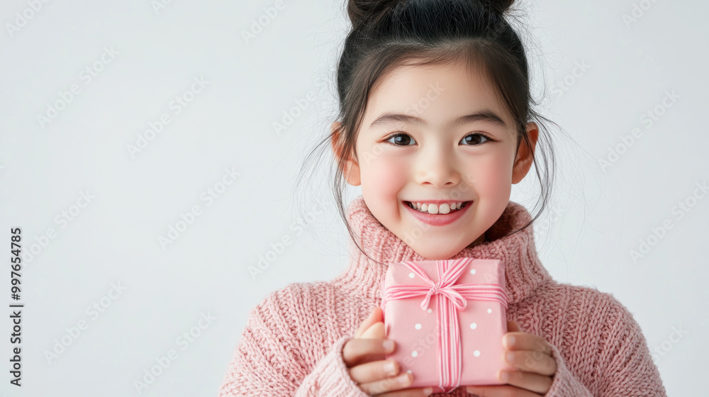 A little girl holding christmas gift box with copy space for text A little girl holding christmas gift box with copy space for text