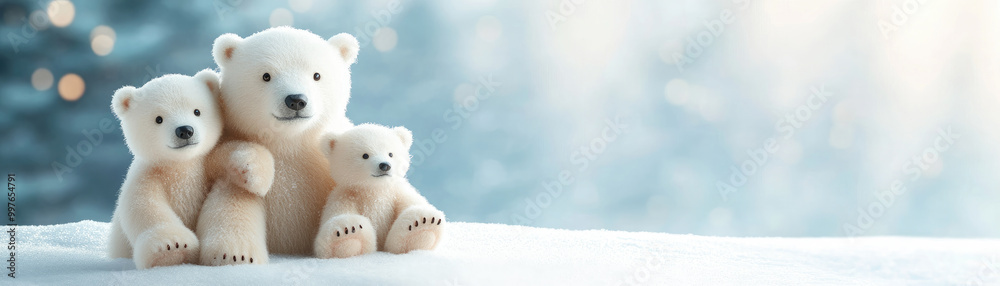 Polar bear family in a serene snowy landscape, showcasing a mother bear and her playful cubs amidst a winter wonderland. Polar bear family in a serene snowy landscape, showcasing a mother bear and her playful cubs amidst a winter wonderland.